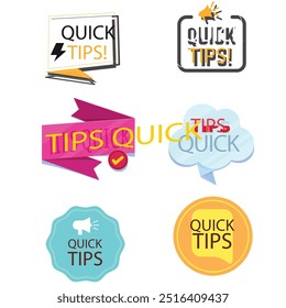 Quick tips label vector set modern style for tooltip badge, solution and advice banner, helpful tricks, useful information sticker, education tag, hint, new knowledge and study practice. 10 eps