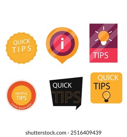 Quick tips label vector set modern style for tooltip badge, solution and advice banner, helpful tricks, useful information sticker, education tag, hint, new knowledge and study practice. 10 eps