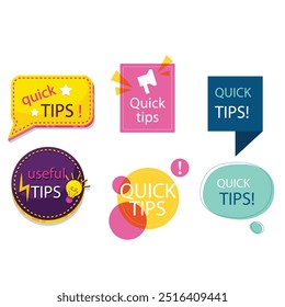 Quick tips label vector set modern style for tooltip badge, solution and advice banner, helpful tricks, useful information sticker, education tag, hint, new knowledge and study practice. 10 eps