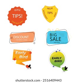 Quick tips label vector set modern style for tooltip badge, solution and advice banner, helpful tricks, useful information sticker, education tag, hint, new knowledge and study practice. 10 eps