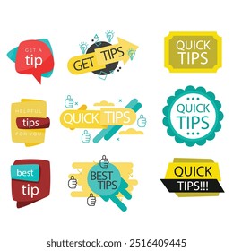 Quick tips label vector set modern style for tooltip badge, solution and advice banner, helpful tricks, useful information sticker, education tag, hint, new knowledge and study practice. 10 eps