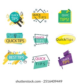 Quick tips label vector set modern style for tooltip badge, solution and advice banner, helpful tricks, useful information sticker, education tag, hint, new knowledge and study practice. 10 eps