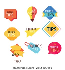 Quick tips label vector set modern style for tooltip badge, solution and advice banner, helpful tricks, useful information sticker, education tag, hint, new knowledge and study practice. 10 eps