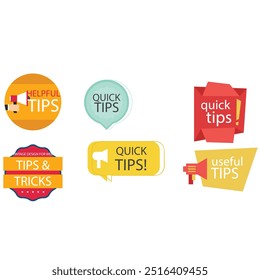 Quick tips label vector set modern style for tooltip badge, solution and advice banner, helpful tricks, useful information sticker, education tag, hint, new knowledge and study practice. 10 eps