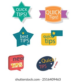 Quick tips label vector set modern style for tooltip badge, solution and advice banner, helpful tricks, useful information sticker, education tag, hint, new knowledge and study practice. 10 eps