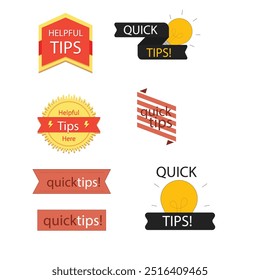 Quick tips label vector set modern style for tooltip badge, solution and advice banner, helpful tricks, useful information sticker, education tag, hint, new knowledge and study practice. 10 eps