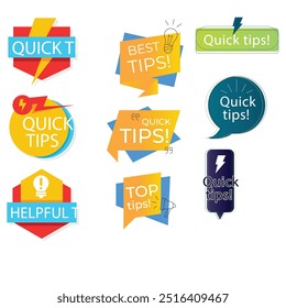 Quick tips label vector set modern style for tooltip badge, solution and advice banner, helpful tricks, useful information sticker, education tag, hint, new knowledge and study practice. 10 eps