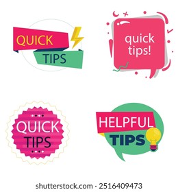 Quick tips label vector set modern style for tooltip badge, solution and advice banner, helpful tricks, useful information sticker, education tag, hint, new knowledge and study practice. 10 eps