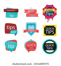 Quick tips label vector set modern style for tooltip badge, solution and advice banner, helpful tricks, useful information sticker, education tag, hint, new knowledge and study practice. 10 eps