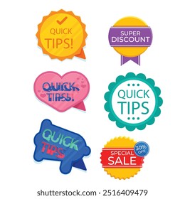 Quick tips label vector set modern style for tooltip badge, solution and advice banner, helpful tricks, useful information sticker, education tag, hint, new knowledge and study practice. 10 eps