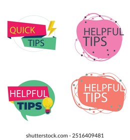 Quick tips label vector set modern style for tooltip badge, solution and advice banner, helpful tricks, useful information sticker, education tag, hint, new knowledge and study practice. 10 eps