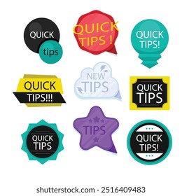 Quick tips label vector set modern style for tooltip badge, solution and advice banner, helpful tricks, useful information sticker, education tag, hint, new knowledge and study practice. 10 eps