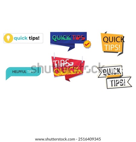 Quick tips label vector set modern style for tooltip badge, solution and advice banner, helpful tricks, useful information sticker, education tag, hint, new knowledge and study practice. 10 eps