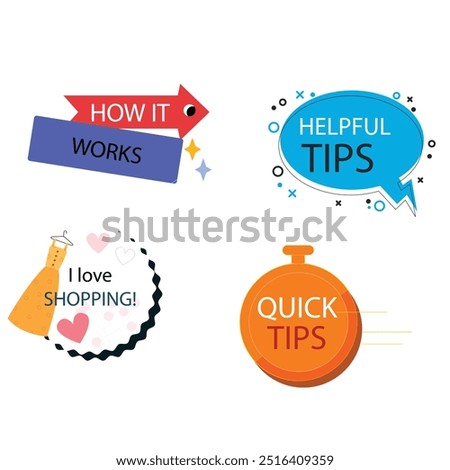 Quick tips label vector set modern style for tooltip badge, solution and advice banner, helpful tricks, useful information sticker, education tag, hint, new knowledge and study practice. 10 eps