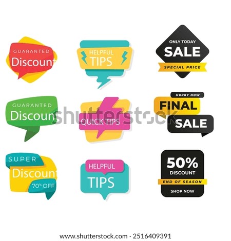 Quick tips label vector set modern style for tooltip badge, solution and advice banner, helpful tricks, useful information sticker, education tag, hint, new knowledge and study practice. 10 eps