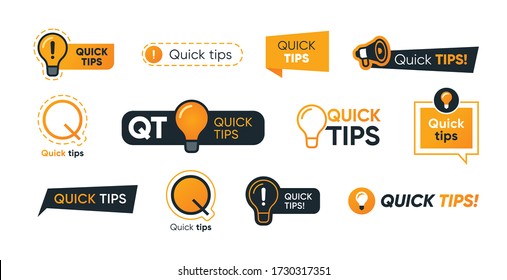 Quick tips letterings set. Abstract shapes, speech bubbles, lightbulbs, exclamation marks with text. Vector illustration for helpful advice, tricks, solution, suggestion concept