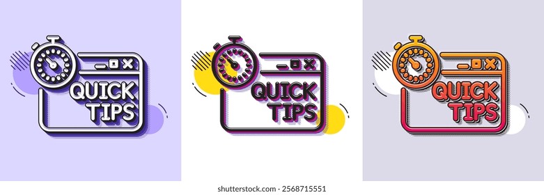 Quick tips line icon. Halftone dotted pattern. Gradient icon with grain shadow. Helpful tricks sign. Tutorials with timer symbol. Line quick tips icon. Various designs. Vector