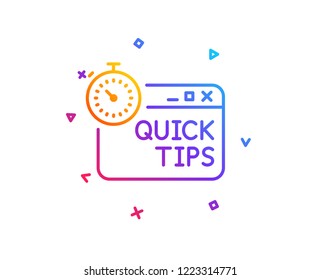 Quick tips line icon. Helpful tricks sign. Tutorials with timer symbol. Gradient line button. Quick tips icon design. Colorful geometric shapes. Vector
