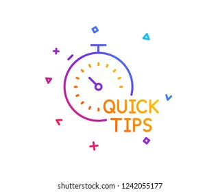 Quick tips line icon. Helpful tricks sign. Tutorials with timer symbol. Gradient line button. Quick tips icon design. Colorful geometric shapes. Vector