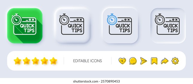 Quick tips line icon. Neumorphic, Flat shadow, 3d buttons. Helpful tricks sign. Tutorials with timer symbol. Line quick tips icon. Social media icons. Vector