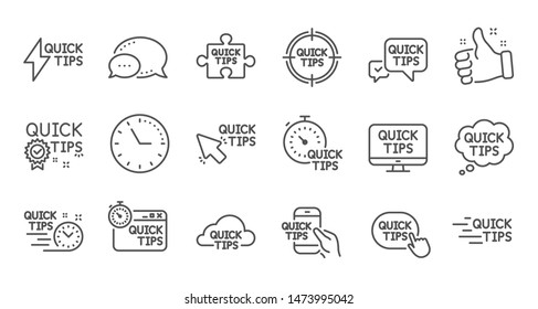 Quick tips line icons. Helpful tricks, Solution and Quickstart guide. Tutorial linear icon set. Quality line set. Vector