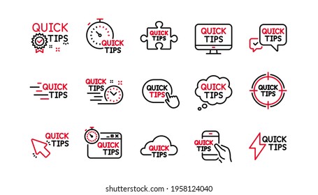 Quick tips line icons. Helpful tricks, Solution and Quickstart guide. Tutorial linear icon set. Linear set. Quality line set. Vector