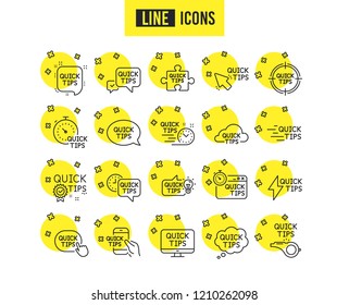 Quick tips line icons. Set of Helpful tricks, Solution and Quickstart guide linear icons. Tutorials, helpful tips and turning tricks symbols. Hand hold smartphone, Chat speech bubble and Whistle signs