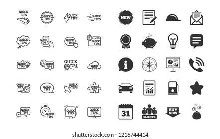 Quick tips line icons. Set of Helpful tricks, Solution and Quickstart guide linear icons. Tutorials, helpful tips and turning tricks symbols. Hand hold smartphone, Chat speech bubble. Vector