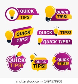 Quick Tips Logo Badge Set With Yellow Lightbulb Icon Vector Illustration