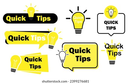 Quick tips logo, icon or symbol set with black and yellow color and light bulb element suitable for web	
