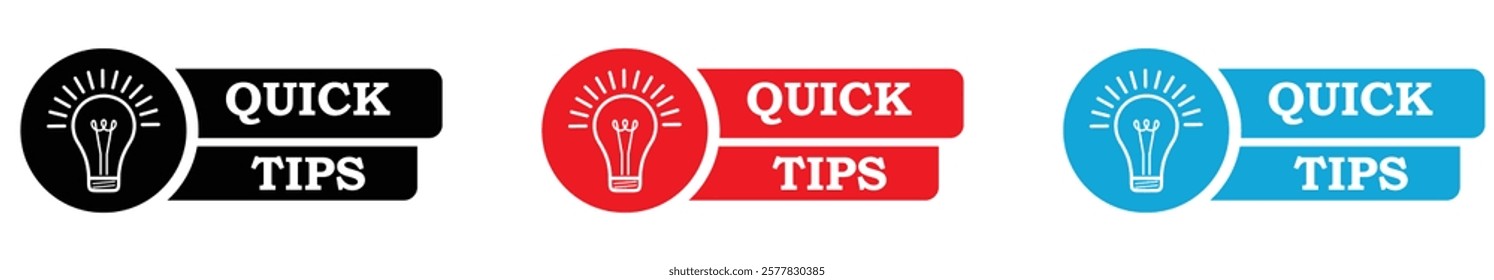 Quick tips logo with light bulb. Quick tips badge. Top tips, helpful tricks, tooltip, advice and idea for business and advertising. Vector illustration.