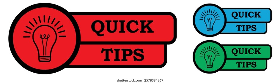 Quick tips logo with light bulb. Top tips, helpful tricks, tooltip, advice and idea for business and advertising. Vector illustration.