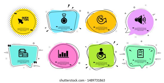 Quick tips, Loud sound and Report diagram line icons set. Chat bubbles with quotes. Share idea, Share and Vacancy signs. Medal, Report document symbols. Helpful tricks, Music. Education set. Vector