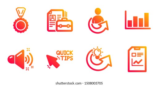 Quick tips, Loud sound and Report diagram line icons set. Share idea, Share and Vacancy signs. Medal, Report document symbols. Helpful tricks, Music. Education set. Vector