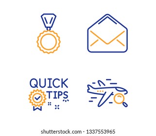 Quick tips, Mail and Medal icons simple set. Search flight sign. Helpful tricks, E-mail, Winner. Find travel. Business set. Linear quick tips icon. Colorful design set. Vector
