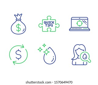 Quick tips, Money bag and Dollar exchange line icons set. Water drop, Seo laptop and Moisturizing cream signs. Tutorials, Usd currency, Banking rates. Crystal aqua. Business set. Vector