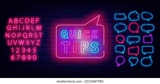 Quick tips neon label. Multicolored handwritten quote. Speech bubbles frames set. Idea and help center. Shiny pink alphabet. Creative design. Glowing banner. Brainstorm. Vector stock illustration