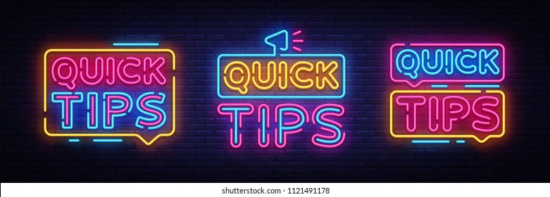 Quick Tips Neon sign collection vector design template. Quick tips neon text, light banner design element colorful modern design trend, night bright advertising, bright sign. Vector illustration