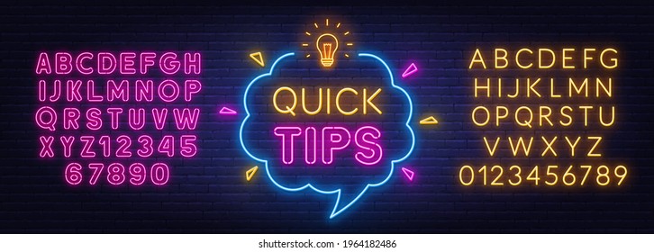 Quick Tips neon sign on brick wall background.