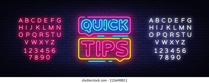 Quick Tips Neon sign vector design template. Quick tips neon text, light banner design element colorful modern design trend, night bright advertising, bright sign. Vector. Editing text neon sign