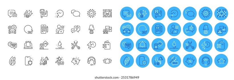 Quick tips, New message and Star line icons pack. Reminder, Messenger, Binary code web icon. Cut tax, Hypoallergenic tested, Lightning bolt pictogram. 360 degrees, Charging time, Table lamp. Vector