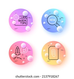 Quick tips, New products and Attachment minimal line icons. 3d spheres or balls buttons. Bitcoin project icons. For web, application, printing. Helpful tricks, Search, Attach document. Vector