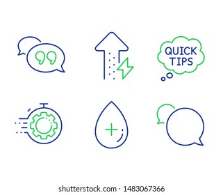 Quick tips, Oil serum and Seo timer line icons set. Energy growing, Quote bubble and Messenger signs. Helpful tricks, Cosmetic care, Cogwheel. Power usage. Technology set. Vector