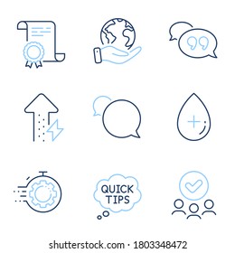 Quick tips, Oil serum and Seo timer line icons set. Diploma certificate, save planet, group of people. Energy growing, Quote bubble and Messenger signs. Helpful tricks, Cosmetic care, Cogwheel. Vector