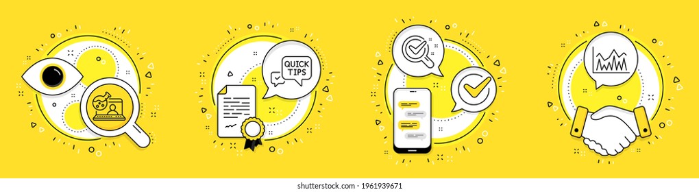 Quick tips, Online chemistry and Chemistry lab line icons set. Licence, cell phone and deal vector icons. Investment sign. Helpful tricks, Lab flask, Economic statistics. Education set. Vector