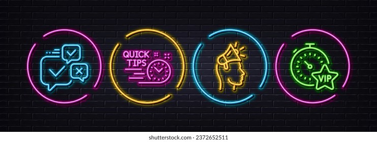 Quick tips, Online voting and Brand ambassador minimal line icons. Neon laser 3d lights. Vip timer icons. For web, application, printing. Helpful tricks, Internet chat, Megaphone. Vector