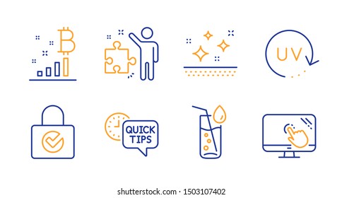 Quick tips, Password encryption and Strategy line icons set. Clean skin, Water glass and Bitcoin graph signs. Uv protection, Touch screen symbols. Helpful tricks, Protection locker. Vector