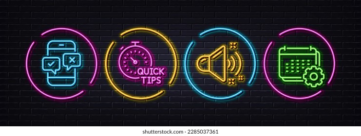 Quick tips, Phone survey and Loud sound minimal line icons. Neon laser 3d lights. Calendar icons. For web, application, printing. Helpful tricks, Mobile quiz test, Music. Schedule planner. Vector