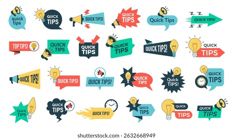 Dicas rápidas. Banners promocionais em estilo plano dicas rápidas botões de informação design definir modelo de vetor recente