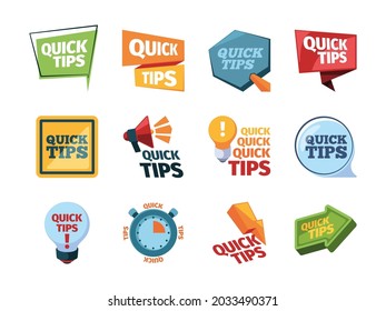 Quick tips. Promo labels idea reminder stickers education messages think marks creative colored idea logos garish vector quick tips set